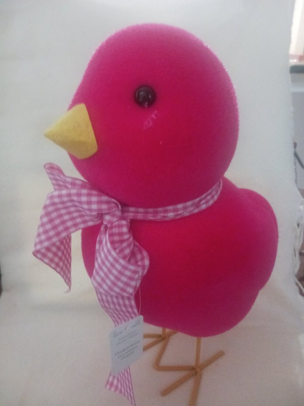 NWT  Ashland Flocked Bright Pink Chick With Pink and White Plaid Ribbon